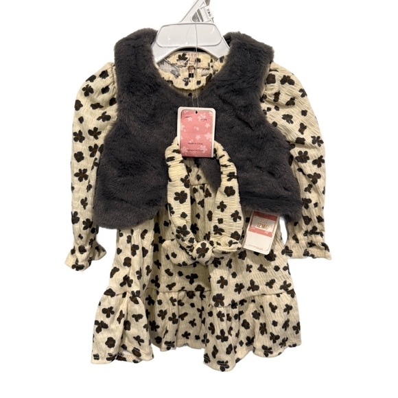 btween Other - btween baby Floral Kids Dress with Faux Fur Vest 3 Piece Set Size 12 Month